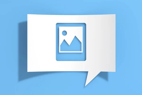 Photo Image Icon Cutout White Paper Speech Bubble Blue Background — Stock Photo, Image