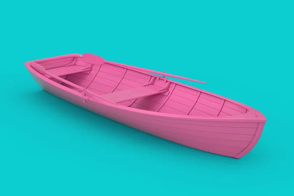 青い背景にDuotoneスタイルのビンク古い釣り木製のボート 3Dレンダリング — ストック写真