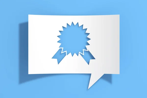 Award Ribbon Rosette Icon Cutout White Paper Speech Bubble Blue — Stock Photo, Image