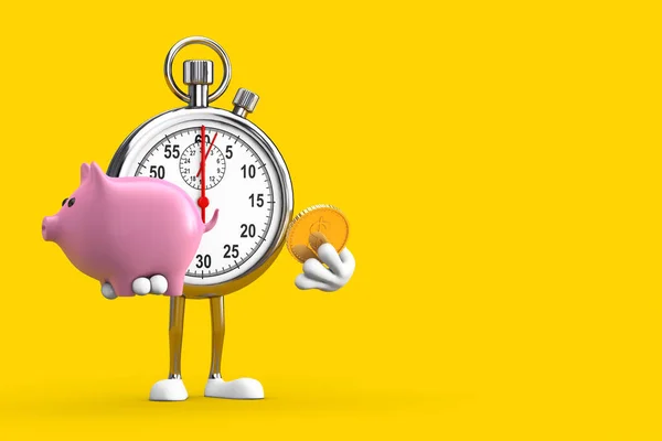 Modern Stopwatch Çizgi Film Karakteri Maskotu Piggy Bank Altın Dolar — Stok fotoğraf