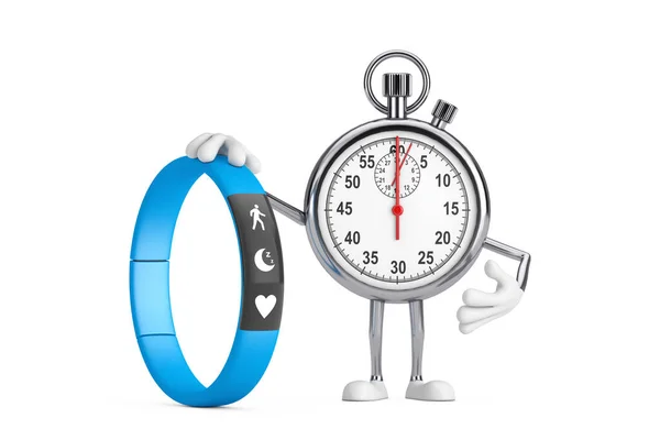 Modern Stopwatch Tecknad Person Karaktär Maskot Med Blå Fitness Tracker — Stockfoto