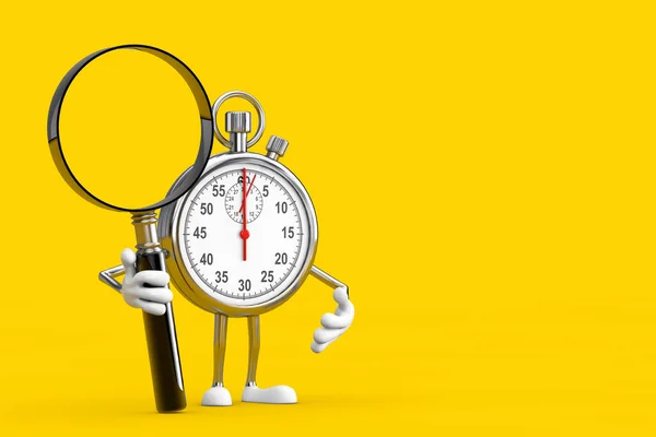 Moderne Stopwatch Cartoon Persoon Karakter Mascotte Met Vergrootglas Een Gele — Stockfoto