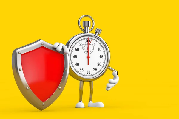Modern Stopwatch Cartoon Person Character Mascot with Red Metal Protection Shield on a yellow background. 3d Rendering