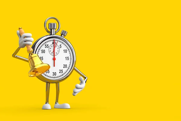 现代秒表卡通人物形象吉祥物与古董店金钟的黄色背景 3D渲染 — 图库照片