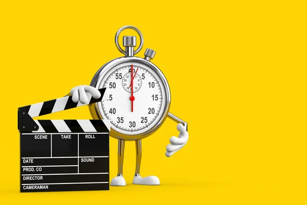 Modern Stopwatch Cartoon Person Character Mascot with Movie Clapper Board on a yellow background. 3d Rendering