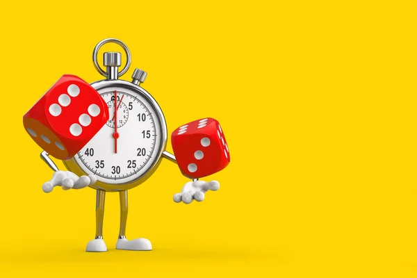 Modern Stopwatch Cartoon Person Character Mascot with Red Game Dice Cubes in Flight on a yellow background. 3d Rendering