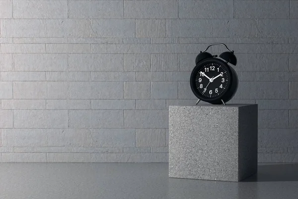 Alarm Clock on Stone Block in front of stone blocks wall background. 3d Rendering