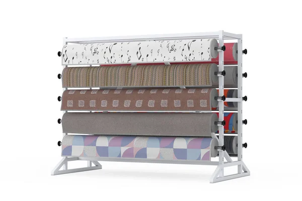 Rolled Carpet Samples with Carpet Shop Display Rack on a white background. 3d Rendering