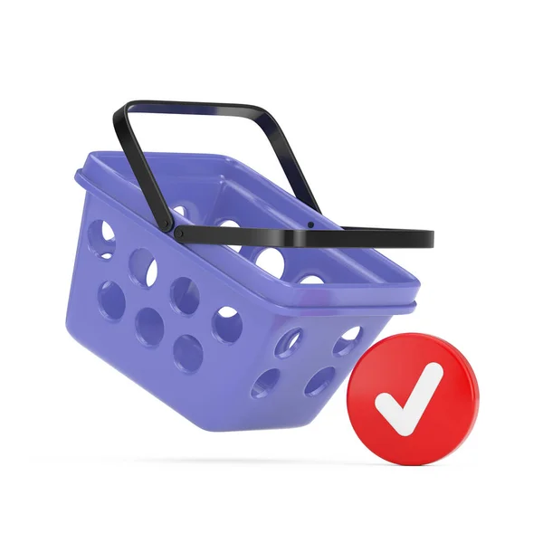 Blauer Cartoon Minimal Style Lebensmitteleinkaufskorb Mit Fertig Checkbox Icon Sign — Stockfoto