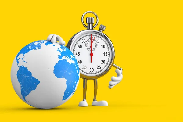 Modern Stopwatch Cartoon Person Character Mascot with Earth Globe on a yellow background. 3d Rendering