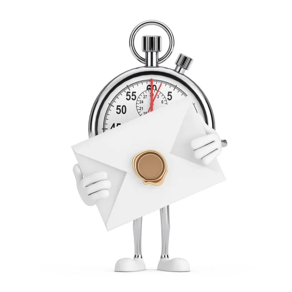 Moderne Stopwatch Cartoon Persoon Karakter Mascotte Met Witte Blanco Envelop — Stockfoto