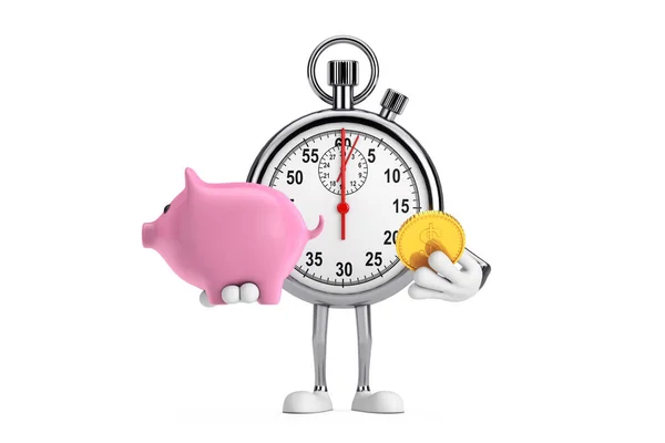 Modern Stopwatch Cartoon Person Character Mascot Piggy Bank Golden Dollar — Stock Photo, Image