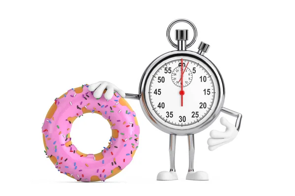 Moderne Stopwatch Stripfiguur Mascotte Met Grote Aardbei Roze Geglazuurde Donut — Stockfoto