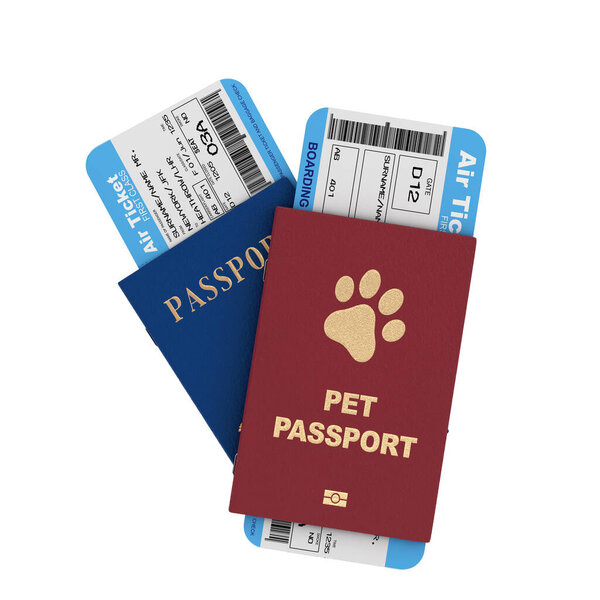 Blue International Passport and Red Pet Passport Document or Dog and Cat Transportation Certificate with Golden Paw on Cover with Flight Boarding Passes Airline Tickets on a white background. 3d Rendering 