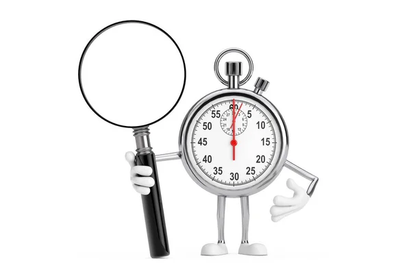 Modern Stopwatch Cartoon Person Character Mascot Magnifying Glass White Background — Stock Photo, Image