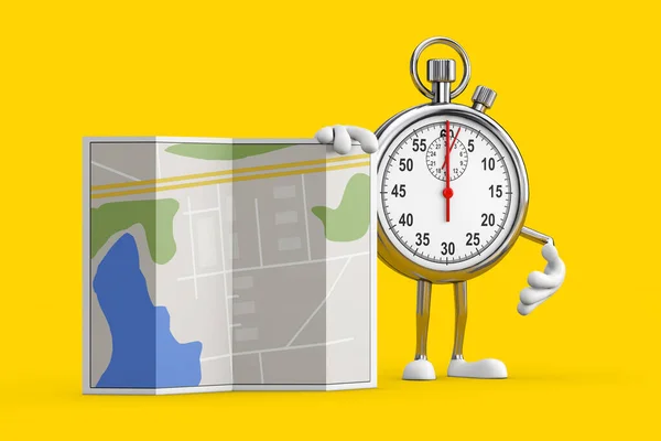 Modern Stopwatch Cartoon Person Character Mascot with Abstract City Plan Map on a yellow background. 3d Rendering