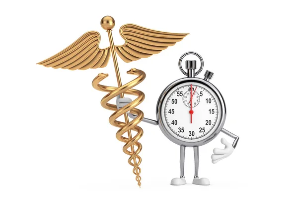 Moderne Stopwatch Cartoon Persoon Karakter Mascotte Met Golden Medical Caduceus — Stockfoto