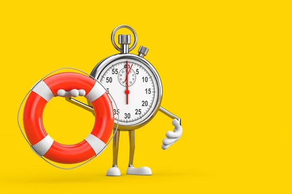 Modern Stopwatch Cartoon Person Character Mascot with Life Buoy on a yellow background. 3d Rendering
