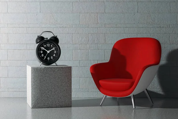 报警钟与空红色的现代椭圆形宽松椅子前面的石墙背景 3D渲染 — 图库照片