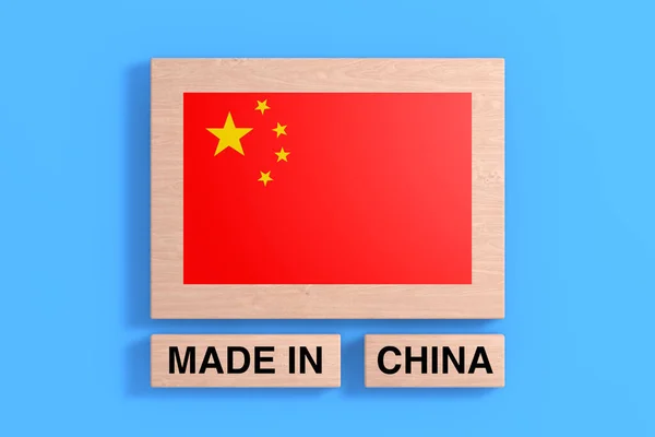 China Flag Made China Sign Wooden Block Blue Background Rendering — Stock Photo, Image