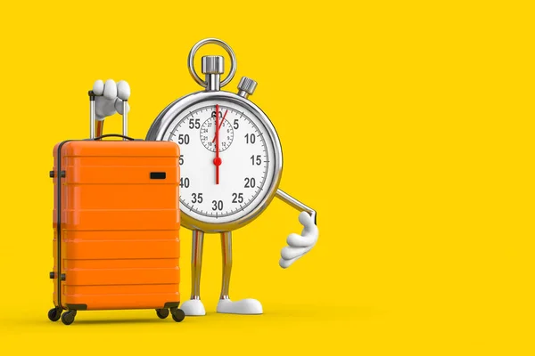 現代ストップウォッチ漫画人キャラクターマスコットオレンジ旅行スーツケース付き黄色の背景に 3Dレンダリング — ストック写真