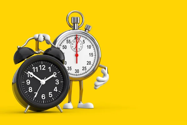 Modern Stopwatch Cartoon Person Character Kabala Alarm Clock Sárga Alapon — Stock Fotó