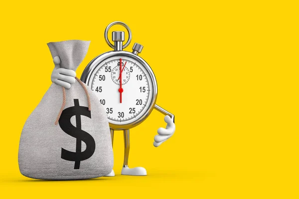 Modern Stopwatch Cartoon Person Character Mascot with Tied Rustic Canvas Linen Money Sack or Money Bag with Dollar Sign on a yellow background. 3d Rendering