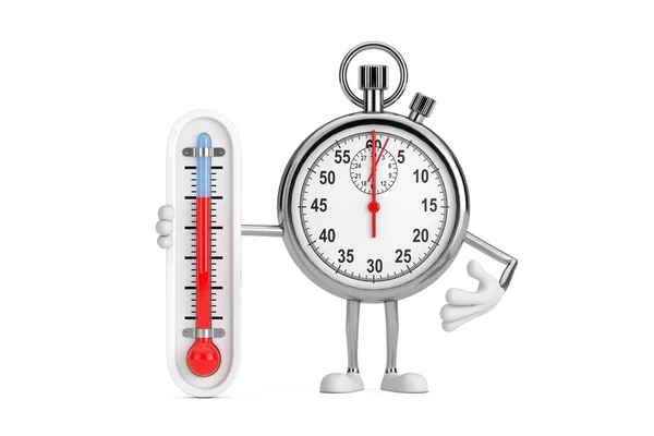 現代ストップウォッチ白い背景に屋外温度計を備えた漫画人物キャラクターマスコット 3Dレンダリング — ストック写真