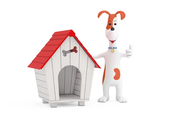 Tekenfilm Schattige Hond Met Houten Hond Huis Een Witte Achtergrond — Stockfoto