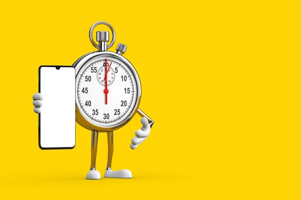 Modern Stopwatch Cartoon Person Character Mascot and Modern Mobile Phone with Blank Screen for Your Design on a yellow background. 3d Rendering