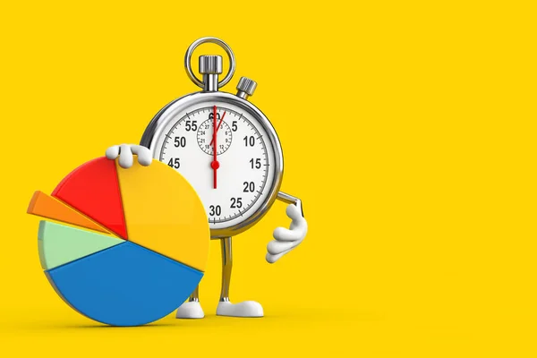 Modern Stopwatch Cartoon Person Character Mascot with Info Graphics Business Pie Chart on a yellow background. 3d Rendering