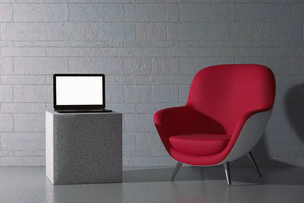 Moderner Laptop Mit Blankem Bildschirm Der Nähe Von Empty Red — Stockfoto