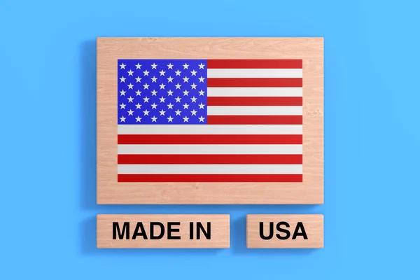 Usa Flagga Och Tillverkad Usa Logga Ett Träblock Blå Bakgrund — Stockfoto