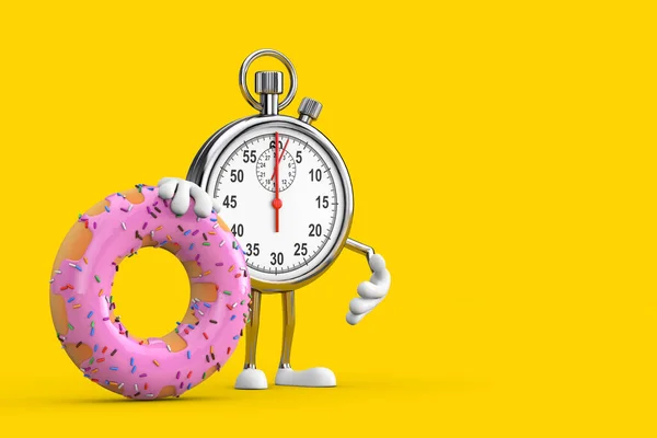 Modern Stopwatch Cartoon Person Character Mascot with Big Strawberry Pink Glazed Donut on a yellow background. 3d Rendering