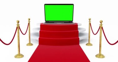 4k Çözünürlük Videosu: Alfa Matte ile beyaz bir arkaplanda Kırmızı Halı ve Altın Halat Bariyerleri Üzerine Seremoni Ödülü Sahnesi Üzerine Boş Yeşil Ekran Moklavye ile Modern Laptop Mockup