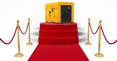 4k Çözünürlük Videosu: Sarı Dış Elektrik Üreticisi Diesel Birim Mockup Kırmızı Halıda Altın Halat Engelli Ödül Sahnesinde Alfa Matte ile beyaz arka planda