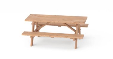 4k Çözünürlük Videosu: Bankları olmayan Ahşap Piknik Tablosu Alfa Matte ile beyaz bir arkaplanda Dönüyor