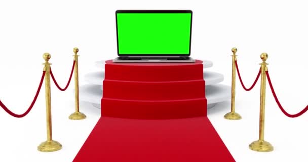4K解像度短片 带有空白绿色屏风的现代笔记本电脑软垫颁奖典礼在白色背景的金绳护栏红色地毯上举行 — 图库视频影像