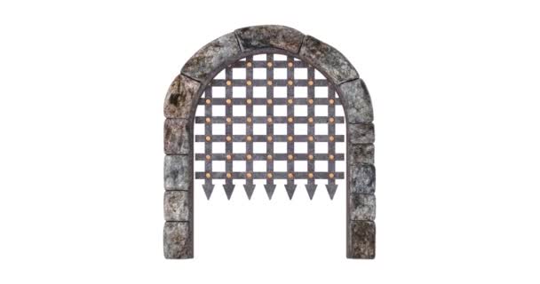Resolution Video Medieval Arch Stone Blocks Castle Gate Opening Metal — Stock Video