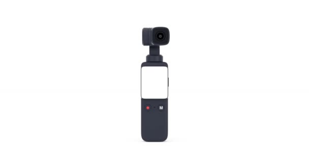 4K解像度ビデオ ポケットハンドヘルドジンバルアクションカメラモックアップアルファマットで白い背景にジャンプ — ストック動画