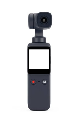 Beyaz arka planda cep kameralı Gimbal Action Camera. 3d Hazırlama 