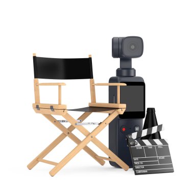 Pocket Handheld Gimbal Action Camera, yönetmen koltuğu, film alkışlayıcısı ve megafonu beyaz arka planda. 3d Hazırlama 