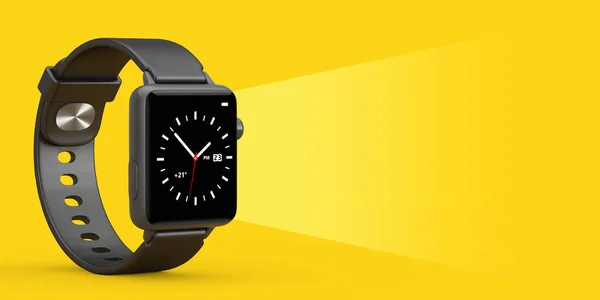 黄色の背景に時計画面の光の形であなたのデザインのためのブランクスペースと黒の現代的なスマートウォッチモックアップ 3Dレンダリング — ストック写真