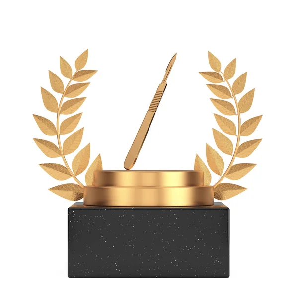 Laureat Nagrody Złoty Wreath Laurel Podium Stage Pedestal Złotym Skalpelem — Zdjęcie stockowe