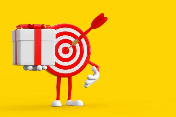 Archery Target Dart Center Cartoon Person Character Mascot Gift Box — Stock Photo, Image