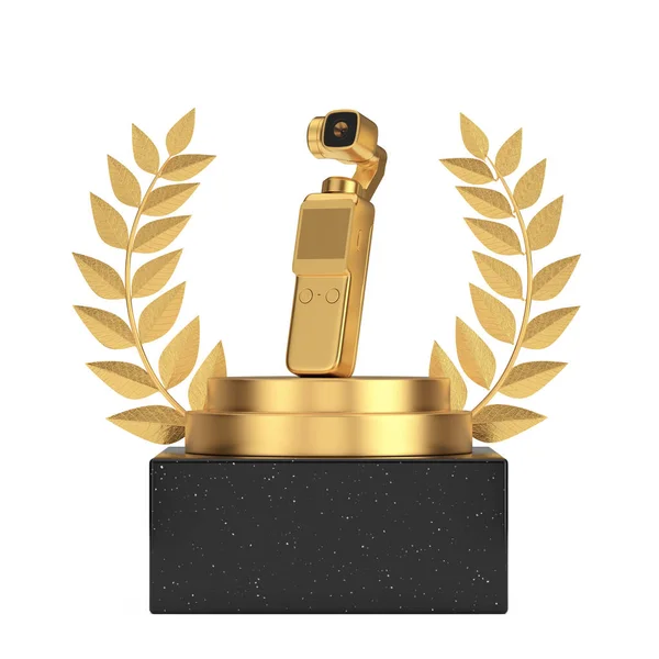 Premio Ganador Cubo Oro Laurel Corona Podio Escenario Pedestal Con — Foto de Stock