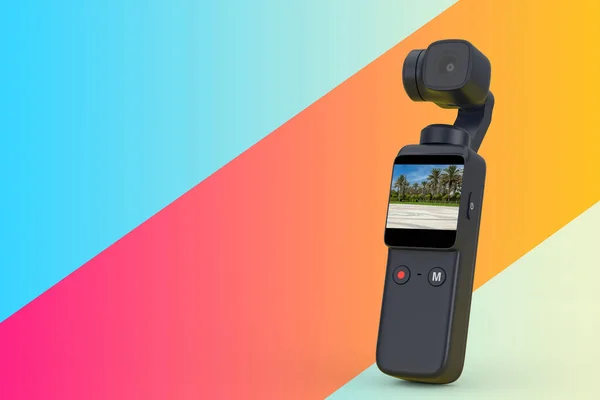 Pocket Handheld Gimbal Action Camera on a multicolored diagonal background. 3d Rendering