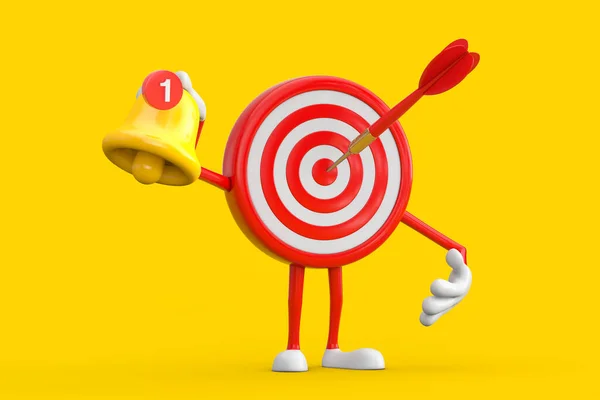 Archery Target and Dart in Center Cartoon Person Character Mascot witn Cartoon Social Media Notification Bell and New Message Icon on a yellow background. 3d Rendering