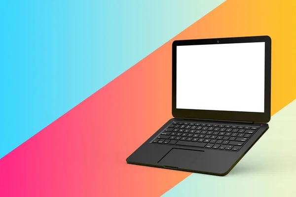 Modern Laptop Computer Notebook with Blank Screen for Your Design on a multicolored diagonal background. 3d Rendering