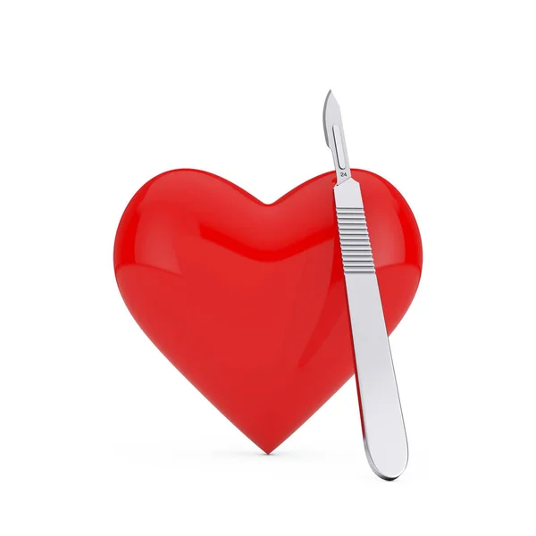 Beyaz Arka Planda Kırmızı Kalpli Cerrahi Paslanmaz Çelik Metal Neşter — Stok fotoğraf